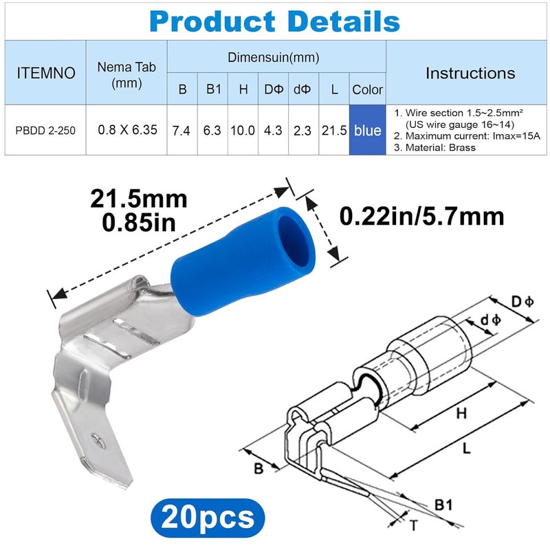 ANCIRS 20pcs Piggyback Spade Connectors, Quick Disconnect Piggyback Spade Assortment Kit, Semi-Insulated Female/Male Cable Crimp Terminals, Blue, 16-14 AWG - Image 2